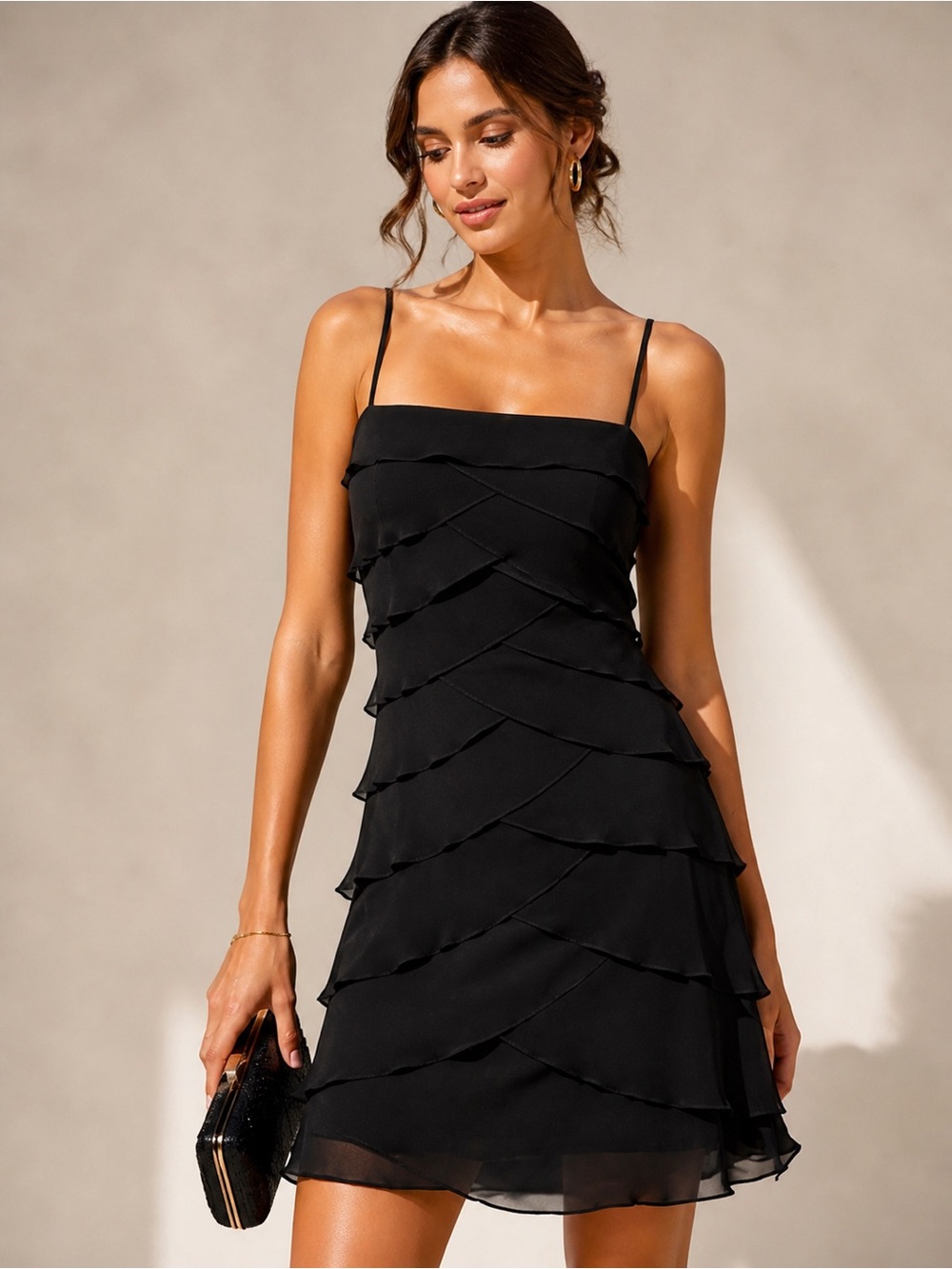Tadashi Shoji Silk Ruffle Cocktail Dress Black Tiered Party Size 8
